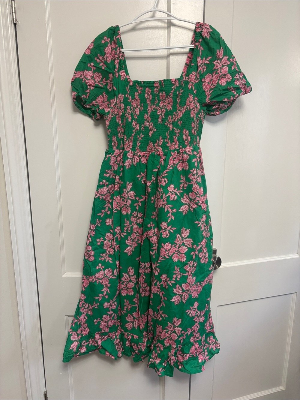 J. Crew Green 100% Cotton Midi Dress with Pink Floral Print and Puff Sleeves